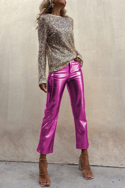 Pantaloni metallici eleganti e pratici a vita alta 